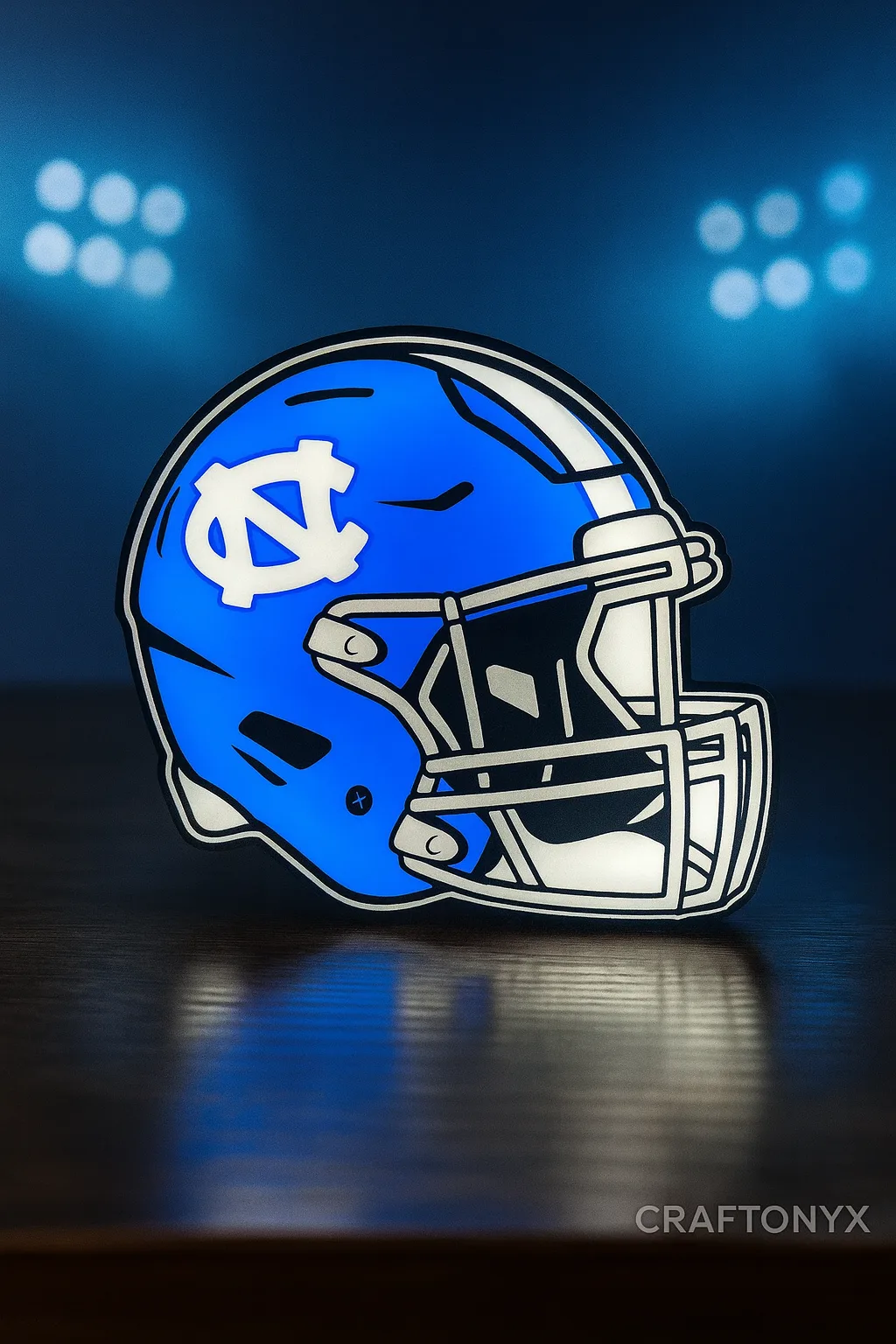 UNC Tar Heels LED lightbox design glowing on a shelf