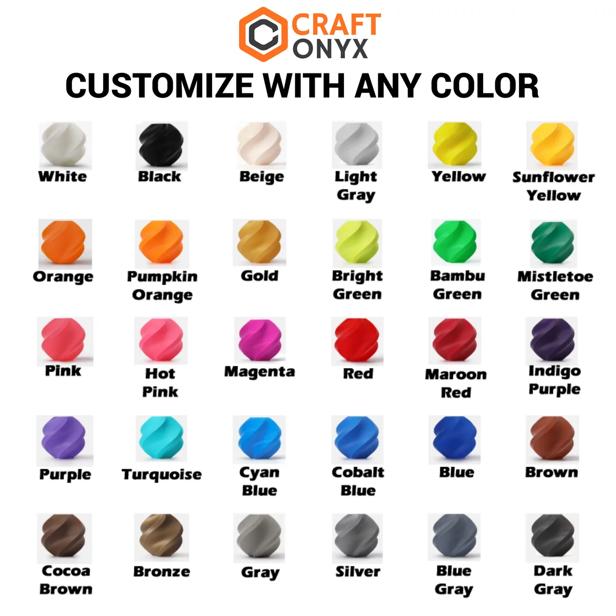 Chart of the 30 standard Craft Onyx color options